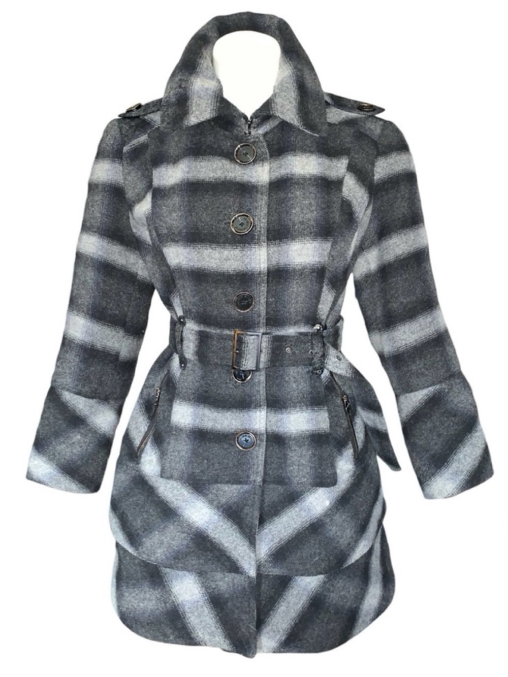 Miss Sixty Y2K Plaid Belted Tiered Coat Wool